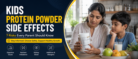 Kids protein powder side effects Indian mother checking a children's protein powder label