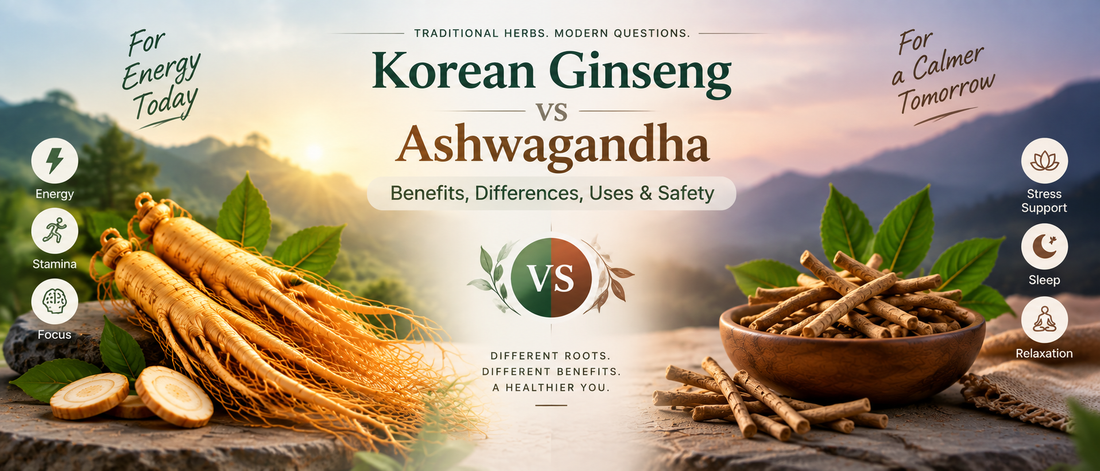 Korean ginseng vs ashwagandha showing ginseng for energy and focus and ashwagandha for stress support and sleep