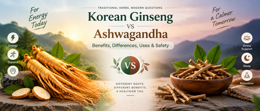 Korean ginseng vs ashwagandha showing ginseng for energy and focus and ashwagandha for stress support and sleep