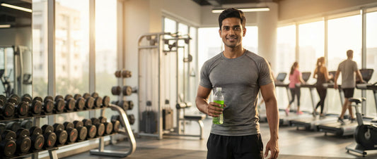 Indian man holding L-carnitine liquid supplement bottle in gym for weight loss