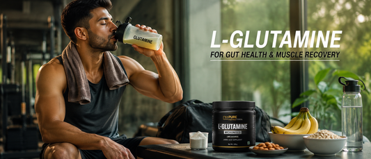 Man drinking L-glutamine supplement after workout for gut health and muscle recovery
