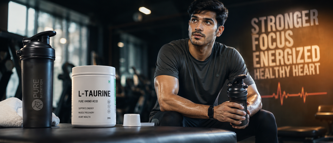 Man holding taurine supplement after workout for energy and heart health support