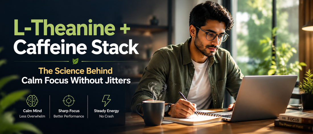 Professional working calmly with coffee showing l-theanine and caffeine stack for focused energy without jitters