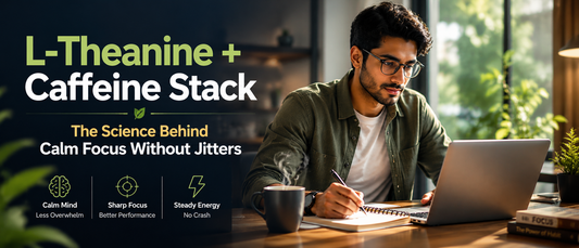 Professional working calmly with coffee showing l-theanine and caffeine stack for focused energy without jitters