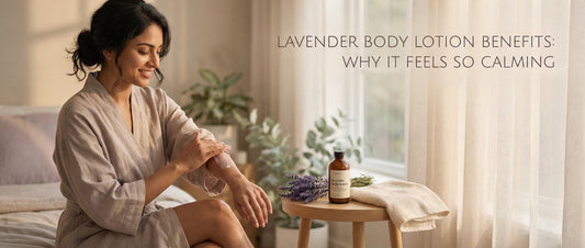 Indian woman applying lavender body lotion during a calm evening self-care routine, highlighting the soothing and relaxing benefits of lavender for skin and mind