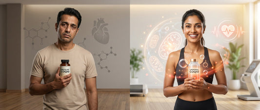 Indian professional comparing Liposomal CoQ10 and regular CoQ10 supplements for energy and heart health