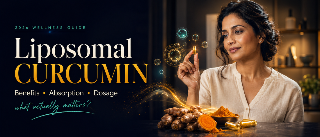 Liposomal curcumin guide for Indian adults with turmeric root, curcumin supplement capsule and healthy lifestyle setting