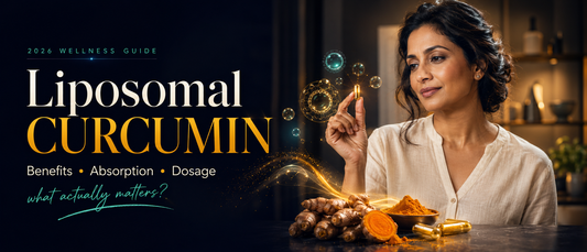 Liposomal curcumin guide for Indian adults with turmeric root, curcumin supplement capsule and healthy lifestyle setting