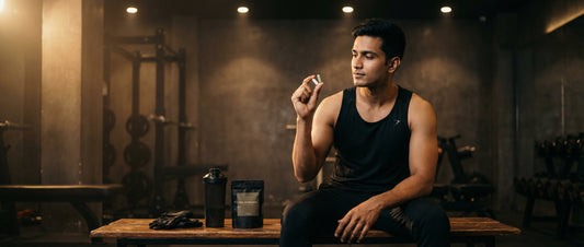 Indian man preparing pre workout supplement with L-theanine and caffeine in gym bag before training