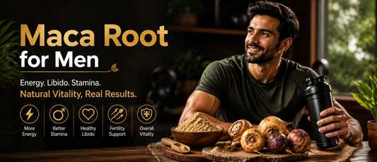 Healthy active man holding maca root powder while representing energy, stamina, libido and men's vitality benefits
