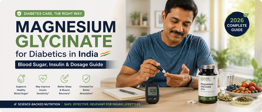 Magnesium glycinate for diabetics India Indian adult checking blood sugar while holding magnesium glycinate supplement | Pure Nutrition