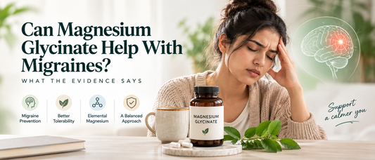 Magnesium glycinate for migraines hero image showing migraine prevention, elemental magnesium, tolerability, and evidence-based supplement guidance