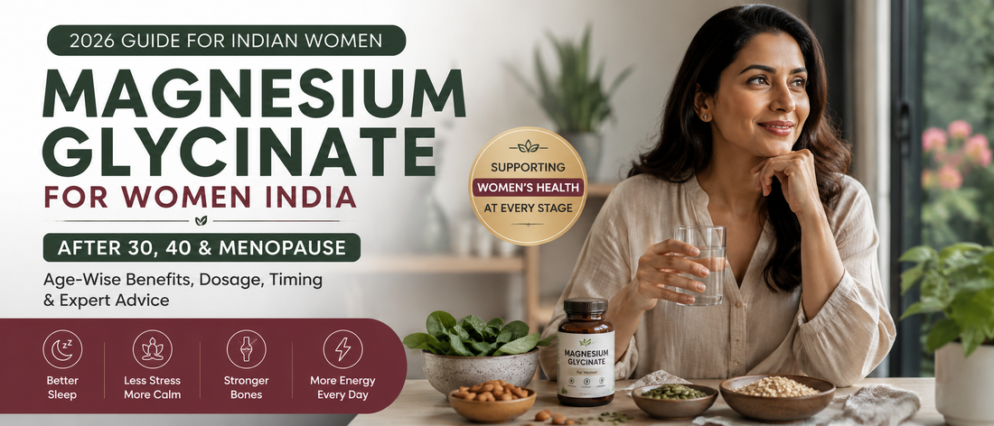 Magnesium glycinate for women India lifestyle image showing a healthy Indian woman in her late 30s relaxing at home
