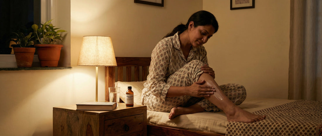 Indian woman applying magnesium lotion to her calves as part of a calm bedtime routine to support relaxation and better sleep.