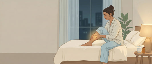 Indian adult sitting on bed at night holding calf muscle, showing leg cramps relief with magnesium oil in a calm bedroom setting