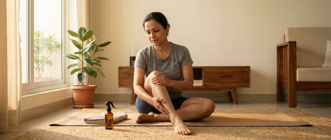 Indian adult applying magnesium oil on calf muscle after workout to ease muscle soreness at home