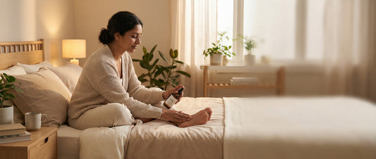 Indian woman applying magnesium oil on feet before bedtime as part of a calming sleep routine