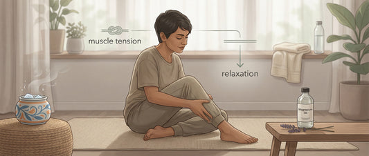 Magnesium oil and muscle pain balm comparison for muscle recovery, showing an Indian adult gently massaging calf muscles in a calm home wellness setting.
