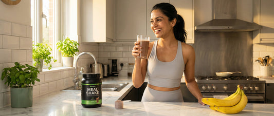 Indian woman holding NXTShift chocolate meal replacement shake for weight loss at home kitchen
