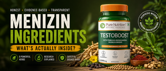 Menizin ingredients Indian man examining a herbal supplement capsule and ingredient label