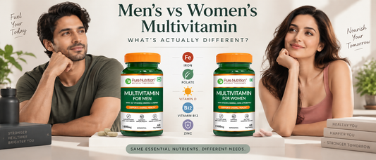 Men’s vs women’s multivitamin comparison with Pure Nutrition multivitamin bottles and key nutrient differences