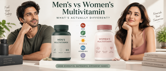 Men’s vs women’s multivitamin comparison showing key nutrient differences including iron, folate, vitamin D, B12 and zinc.