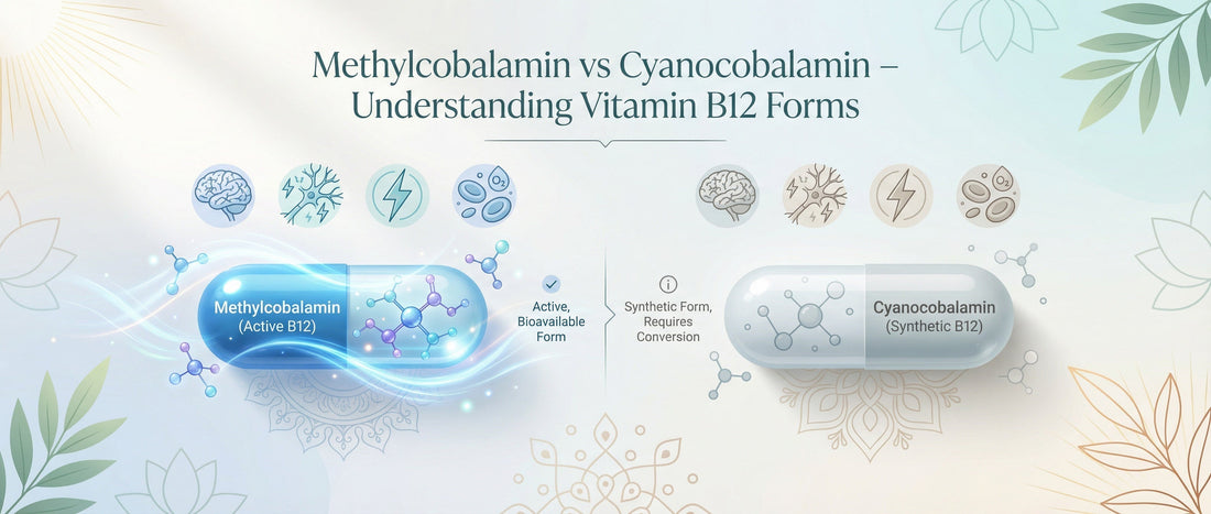 Illustration comparing methylcobalamin and cyanocobalamin vitamin B12 forms with brain, nerve, and energy icons for Indian health readers