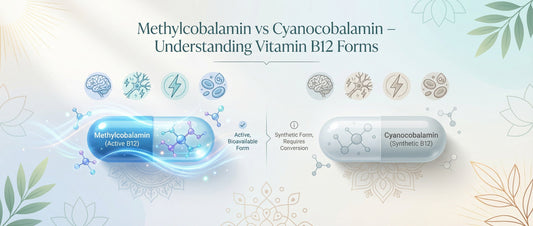 Illustration comparing methylcobalamin and cyanocobalamin vitamin B12 forms with brain, nerve, and energy icons for Indian health readers