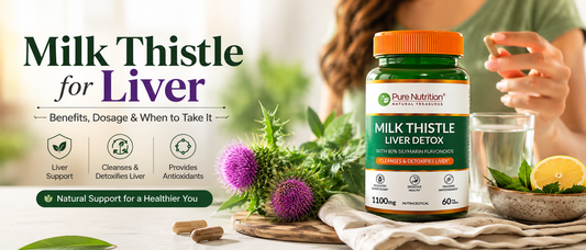 Pure Nutrition Milk Thistle Liver Detox supplement with milk thistle flowers and healthy lifestyle setting for liver support