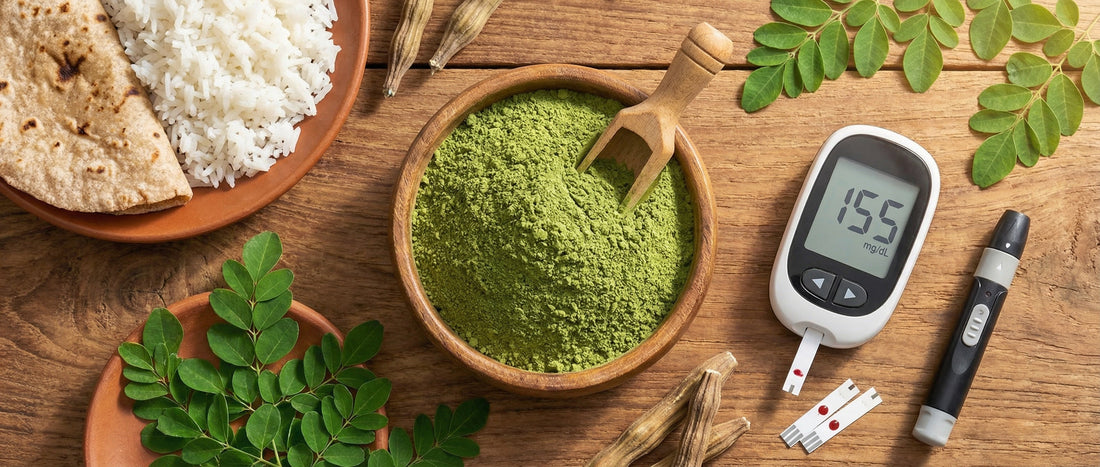 A flat-lay photograph of moringa leaf powder in a bowl, a blood sugar monitor showing a post-meal reading, and a plate with rice and roti on a wooden table, illustrating natural diabetes management in an Indian diet context.