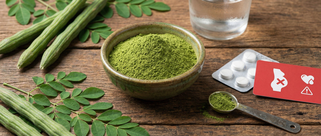 Moringa powder in a bowl with medical tablets and a spoon showing safe dosage, highlighting moringa powder side effects and risks for pregnancy and blood thinners in India.