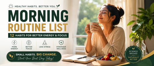 Morning routine list showing an Indian woman starting her day with water, sunlight and healthy habits
