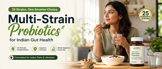 Multi-strain probiotics India supplement beside healthy Indian breakfast for gut health