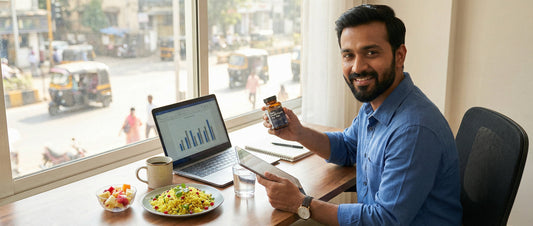 Indian man at his office desk holding a supplement bottle, illustrating the importance of a multivitamin for men in India for daily energy and immunity.