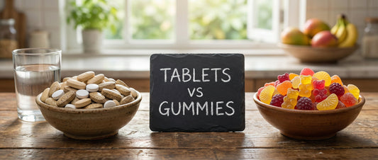Side-by-side comparison of multivitamin tablets and sugar-coated gummy vitamins in bowls on a wooden table.