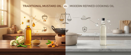 Illustration comparing mustard oil and refined cooking oils in an Indian kitchen, showing traditional and modern cooking setups for everyday health-conscious choices.