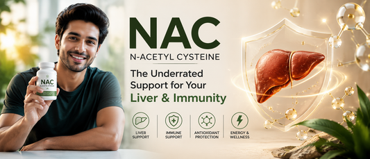 Healthy adult holding NAC supplement with glowing liver and immunity protection concept illustrating NAC benefits for liver health and immune support.