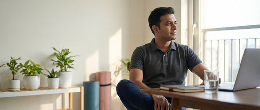 Indian man in his thirties reflecting a balanced lifestyle that supports stamina, energy, and male vitality naturally.