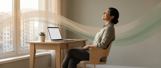 Indian office professional gently stretching neck and back at home after long work hours, showing a calm self-care routine for stiffness and muscle tension