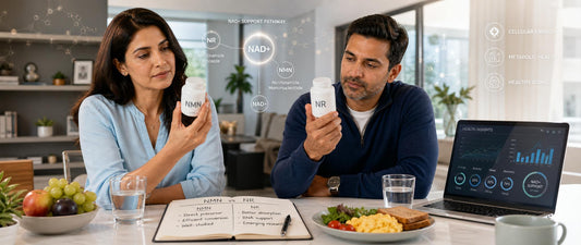 NMN vs NR comparison showing an adult comparing two NAD+ supplement options for healthy aging and energy support