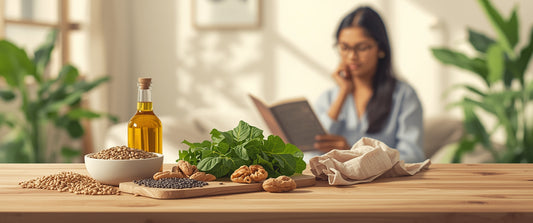 Plant-based omega 3, 6, and 9 food sources such as flaxseeds, chia seeds, walnuts, and mustard oil arranged in an Indian home setting for vegetarian health awareness.