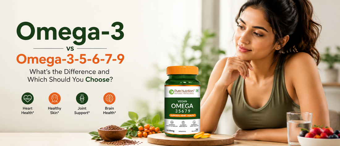 Woman comparing Omega-3 and Omega-3-5-6-7-9 supplements to understand differences