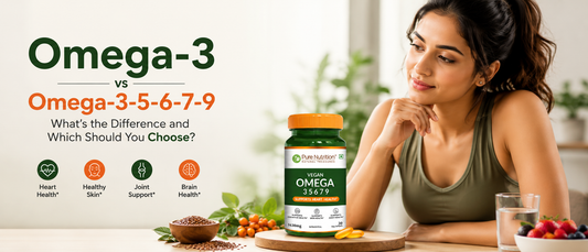 Woman comparing Omega-3 and Omega-3-5-6-7-9 supplements to understand differences