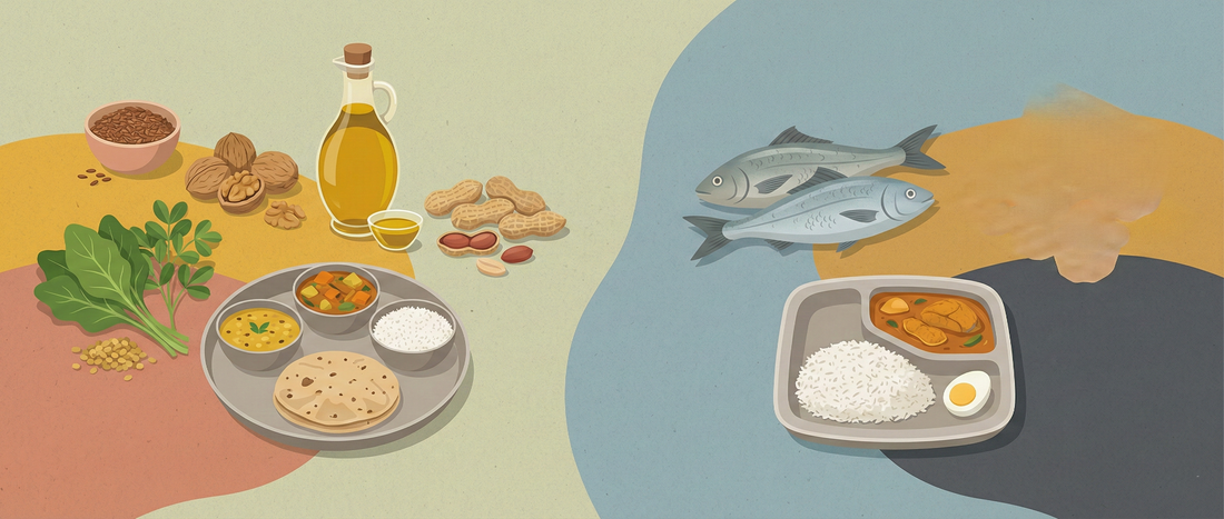 Illustration showing a neutral comparison of vegetarian and non-vegetarian food sources commonly discussed in relation to omega intake in Indian diets.