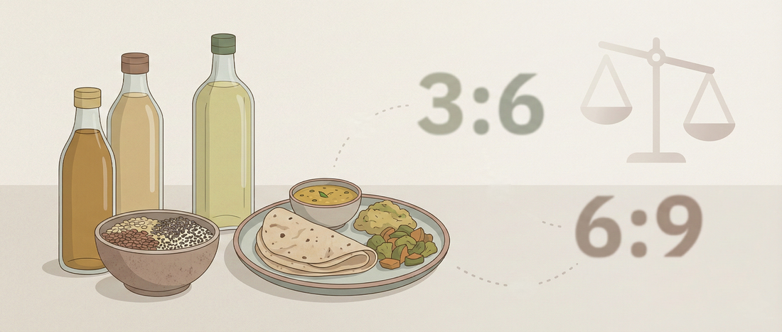 Illustration showing Indian dietary fats, everyday foods, and abstract omega ratio symbols to represent common misconceptions about omega ratios.