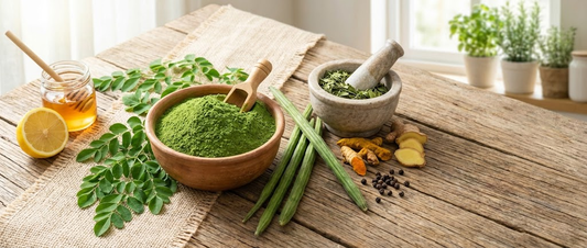 Rustic banner image featuring a wooden bowl of organic moringa powder, surrounded by fresh Sahjan (drumstick) leaves, turmeric, and lemon, symbolizing its uses as an Ayurvedic superfood in India.