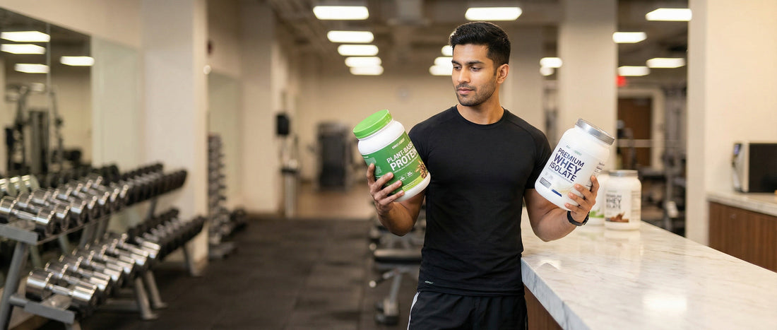 Indian gym-goer comparing plant protein and whey protein tubs at gym counter