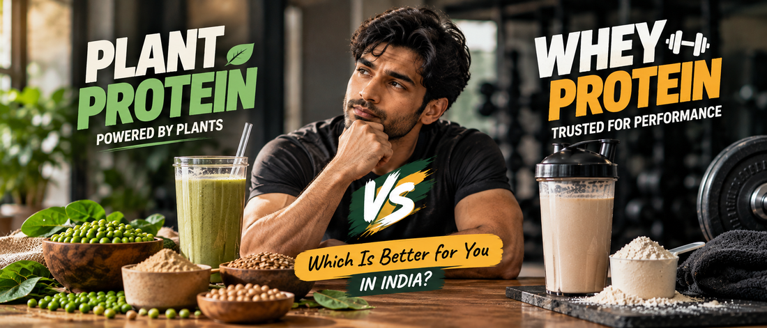 Plant protein vs whey protein comparison with two protein shakes in a gym.