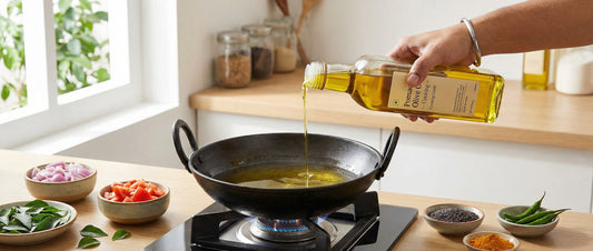Pouring cooking-grade pomace olive oil into a hot kadhai for preparing an Indian meal