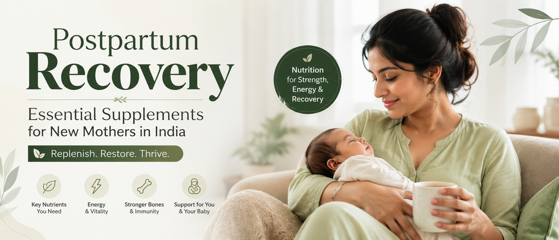 Indian mother with baby learning about postnatal vitamins for recovery after childbirth